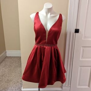 Sherri Hill red fit and flare allusion dress with attached jewel belt size 16